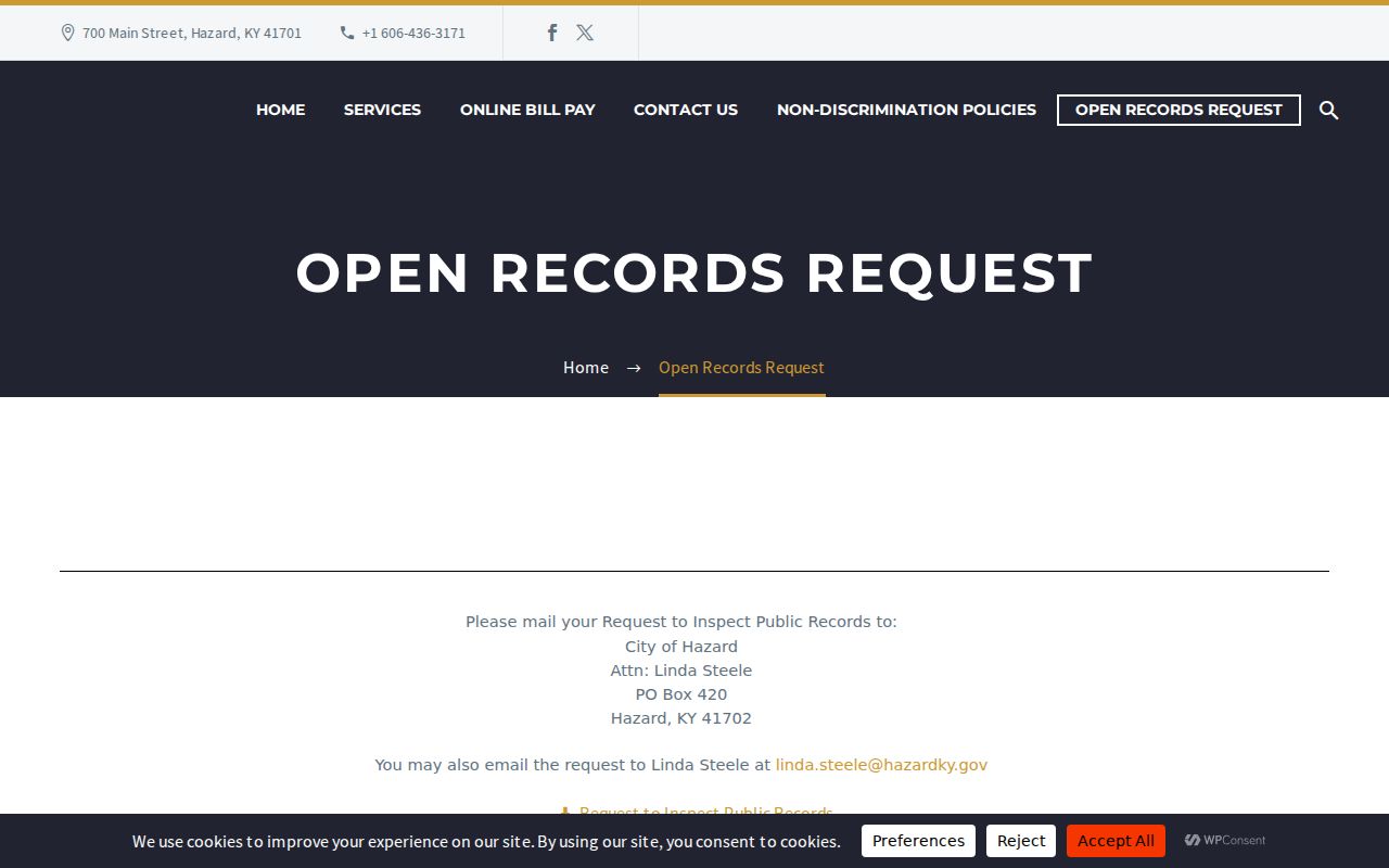 City of Hazard official open records request webpage