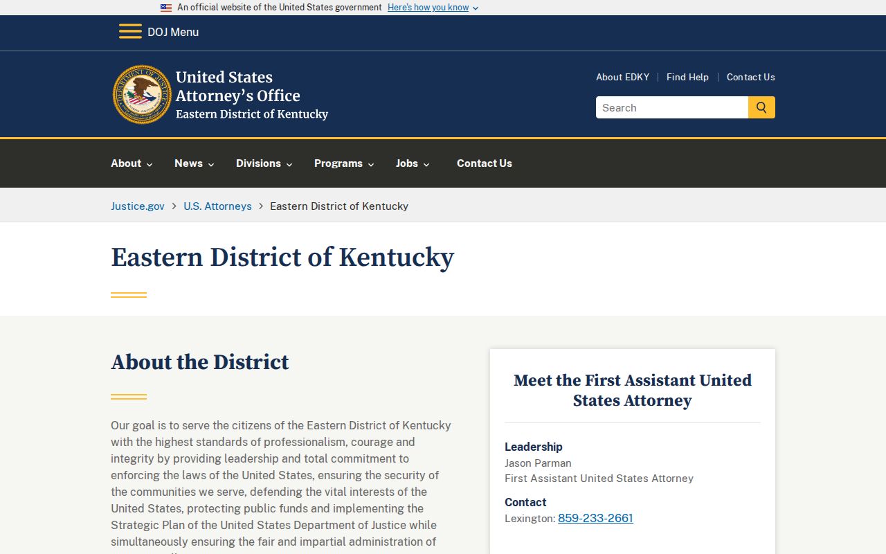 United States Attorney for the Eastern District of Kentucky official webpage