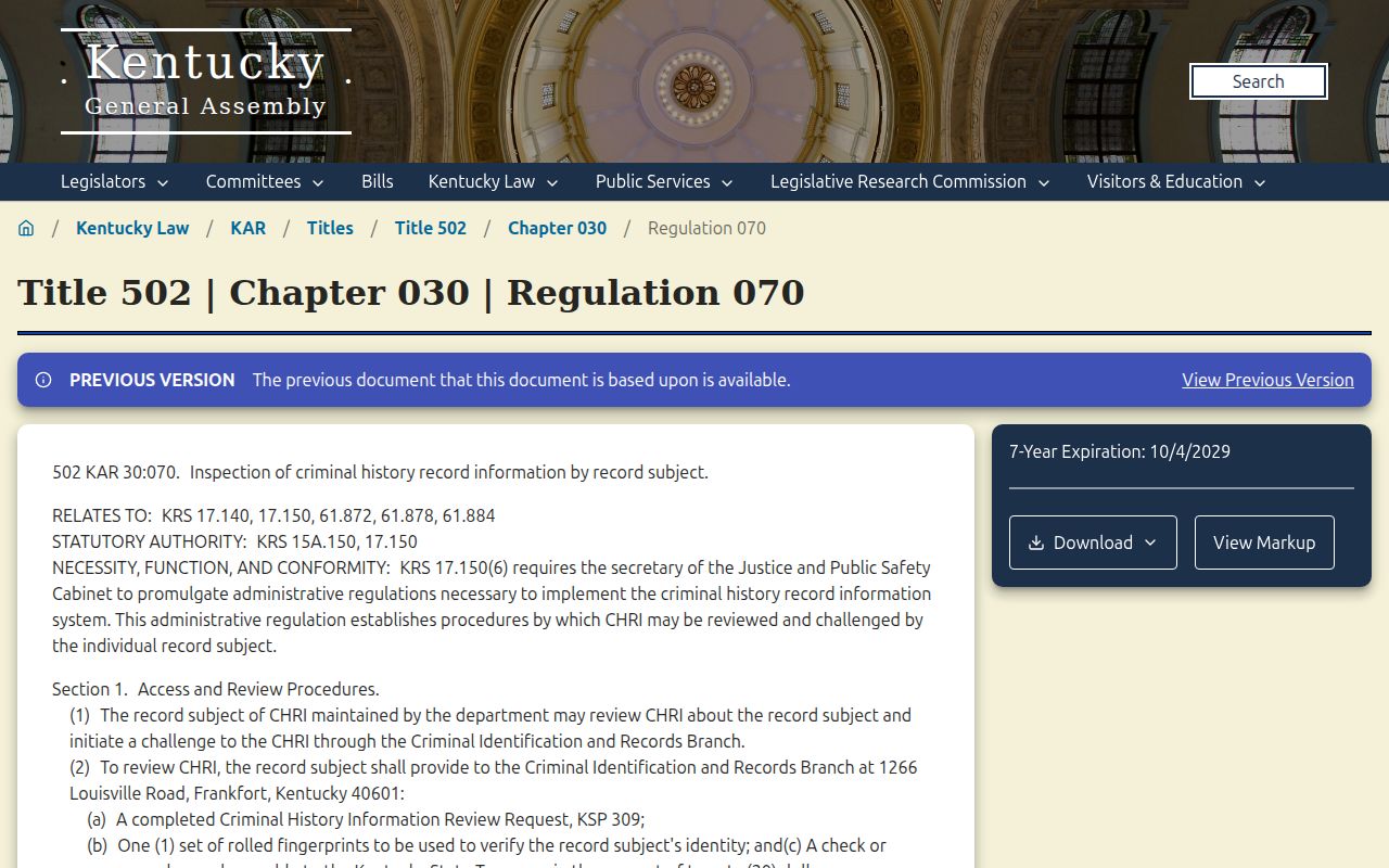 Official Kentucky regulation for criminal history review and challenge